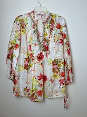 120% LINO Floral Beaded Tunic Blouse Top Long Sleeve Boho Lightweight L-48 Italy